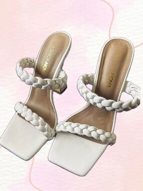 Fashion Nova White Braided Double-Strap Block Heel Sandals